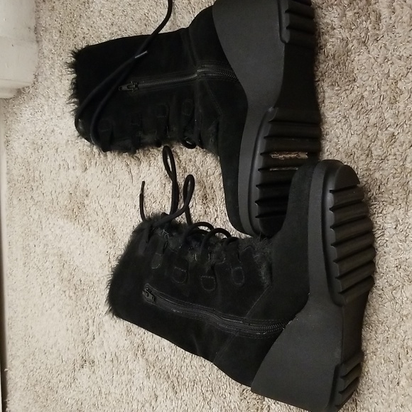 Black suede lined,lace up wedge boots - Picture 2 of 7